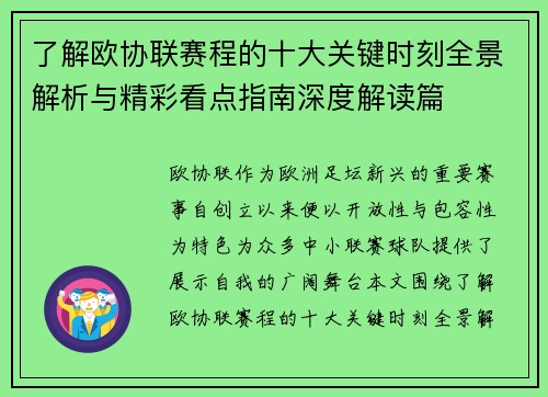 了解欧协联赛程的十大关键时刻全景解析与精彩看点指南深度解读篇