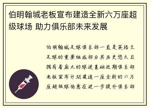 伯明翰城老板宣布建造全新六万座超级球场 助力俱乐部未来发展